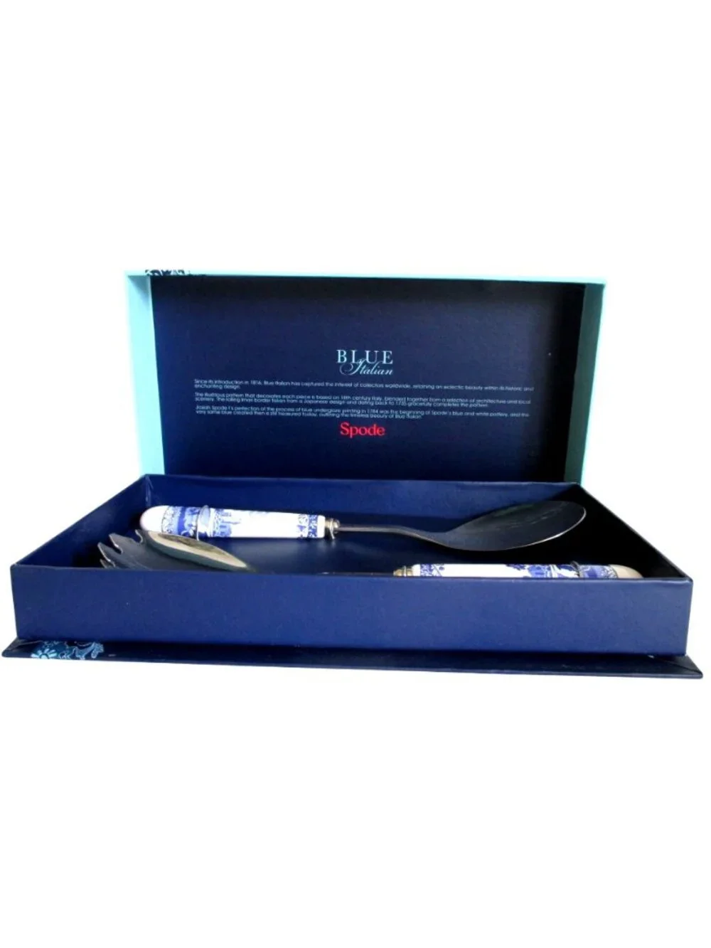 Spode Blue Italian Salad Servers Set - Porcelain Handles & Stainless Steel - Ele